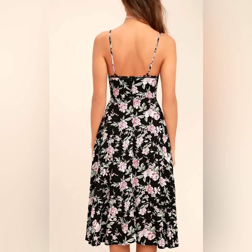 Lulus Chic Black Midi Slip Dress with Pink Floral Print with side slit Small - Picture 2 of 16